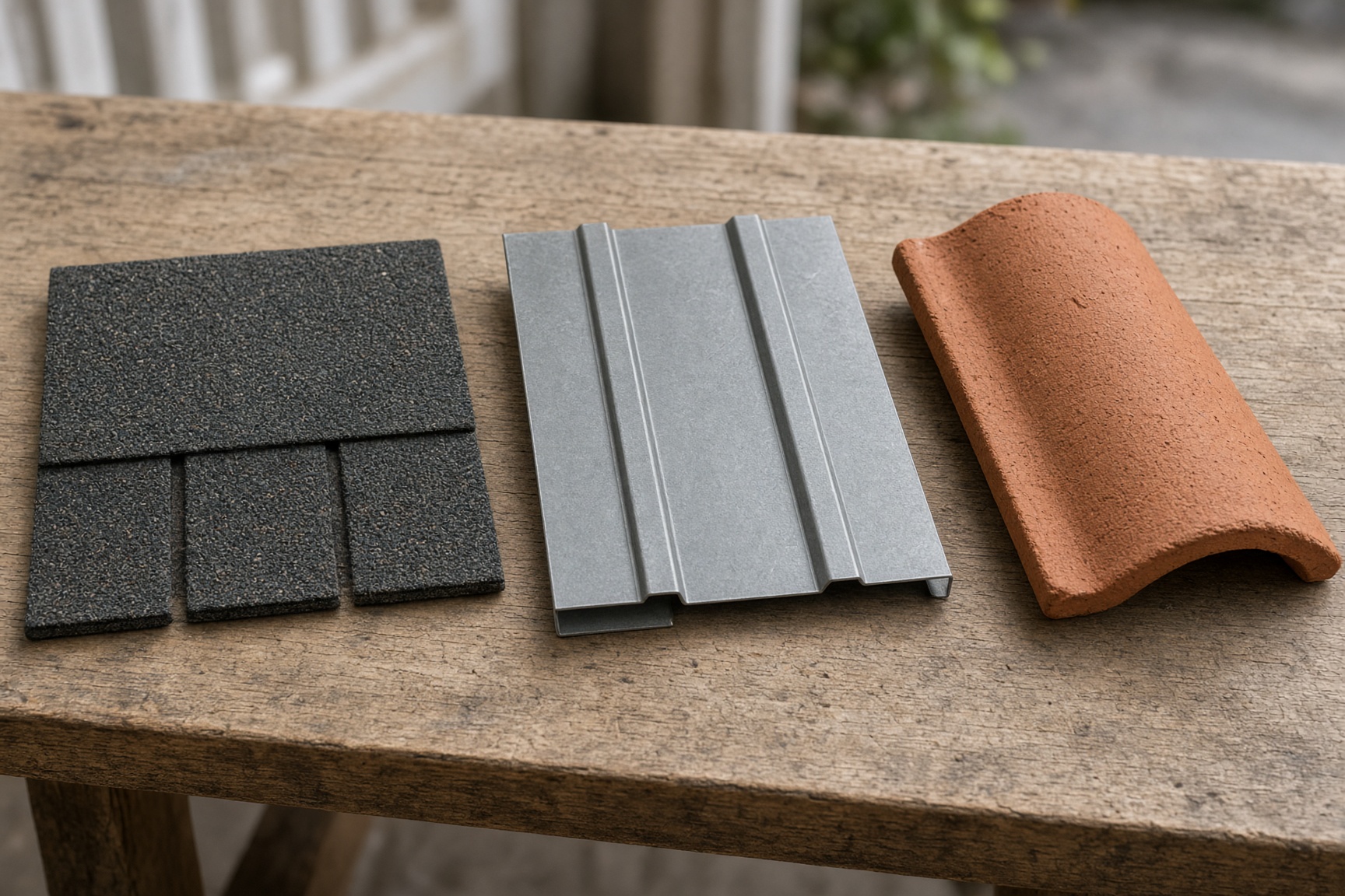 Asphalt shingles, a metal panel sample, and clay tiles on a workbench
