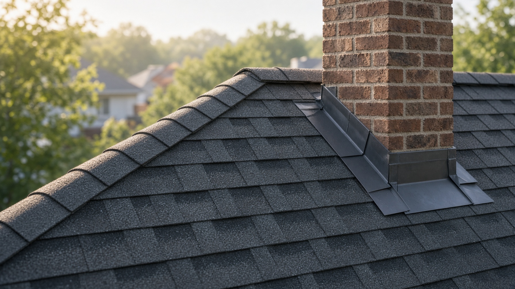 Roof ridge, chimney, and step flashing in morning light